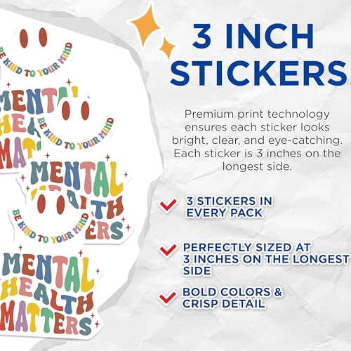 (3 Pack) Mental Health Decals - Kindness Matters - Laptop Decals - 3 Inches On Longest Side - Easy Peel & Apply - Made in USA - 3MCS2022