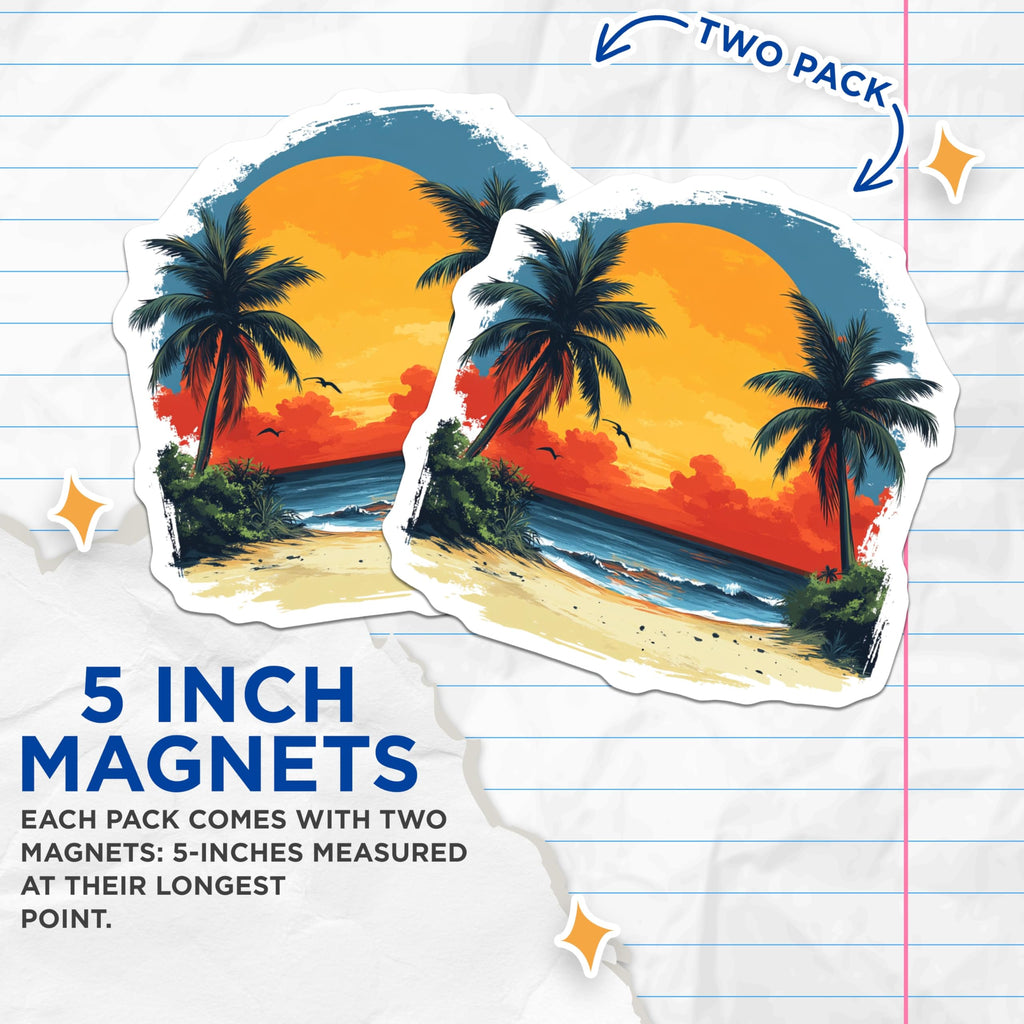 (2 Pack) Tropical Sunset Magnets - Palm Tree Beach Decor - Ocean Vacation Souvenirs - Island Life Kitchen Fridge - 5 Inches On Longest Side - Thick Durable Magnet - Made in USA - MAG27334