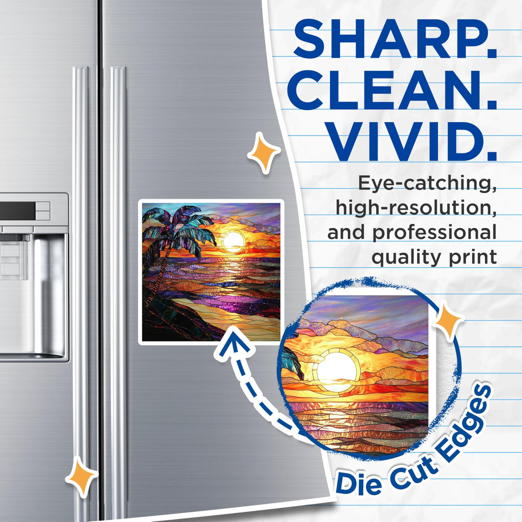 (2 Pack) Stained Glass Sunset Magnets - Tropical Beach Art - Palm Tree Coastal Decor - Vibrant Ocean View - 5 Inches On Longest Side - Thick Durable Magnet - Made in USA - MAG26589