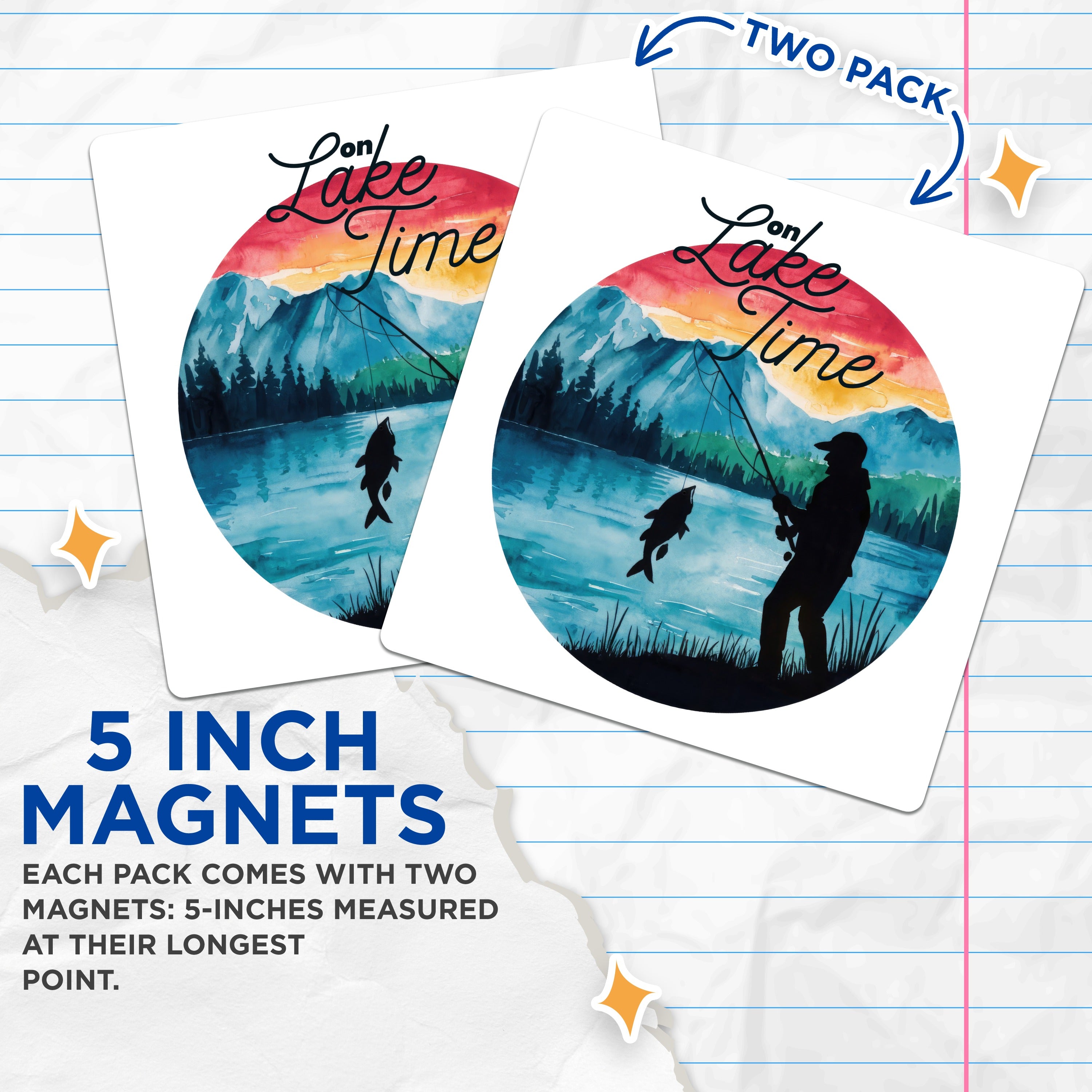(2 Pack) Fishing Magnets - Lake Time Decor - Fisherman Refrigerator Art - Cabin Life - Outdoors Enthusiast - Water Scene - 5 Inches On Longest Side - Thick Durable Magnet - Made in USA - MAG36778