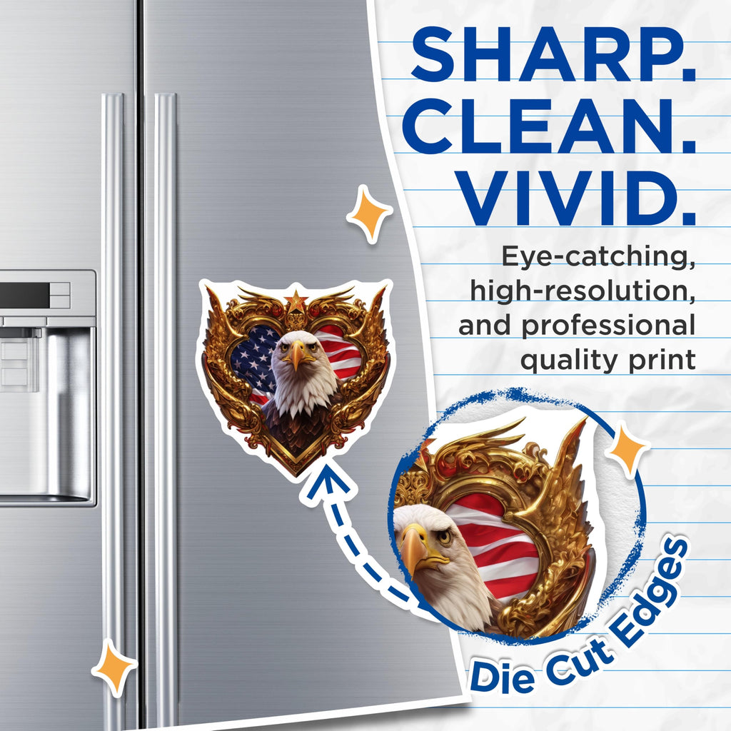 (2 Pack) Majestic Bald Eagle Magnets - Ornate American Flag Refrigerator Decor - Patriotic USA National Emblem Artwork - 5 Inches On Longest Side - Thick Durable Magnet - Made in USA - MAG20654
