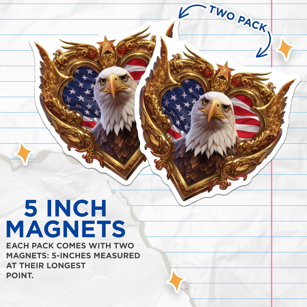 (2 Pack) Majestic Bald Eagle Magnets - Ornate American Flag Refrigerator Decor - Patriotic USA National Emblem Artwork - 5 Inches On Longest Side - Thick Durable Magnet - Made in USA - MAG20654
