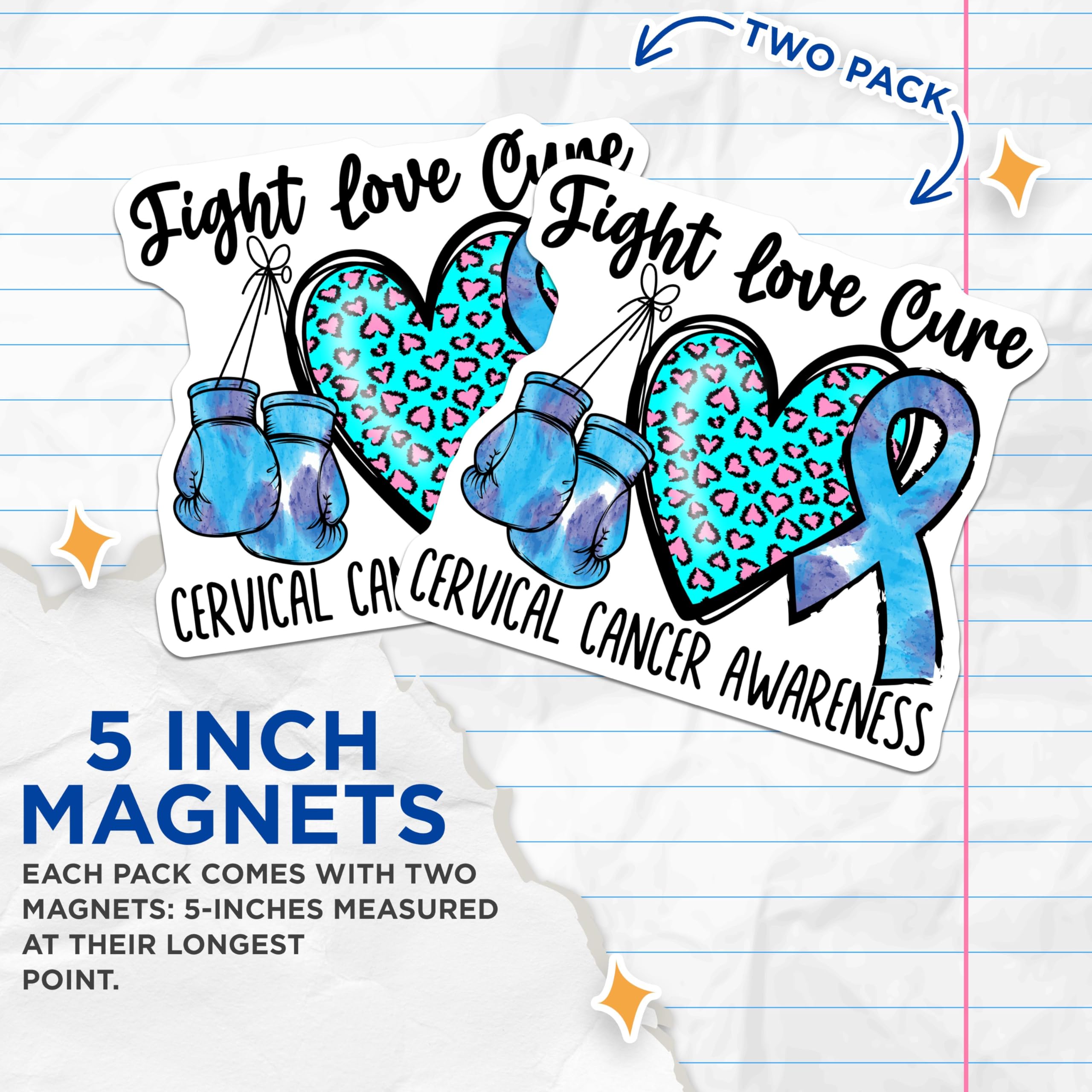 (2 Pack) Cervical Cancer Awareness Magnets - Fight Love Cure Magnets - Cancer Support Magnets - 5" On Longest Side - for Cars, Fridges, Toolboxes - Made in USA - MAG4288