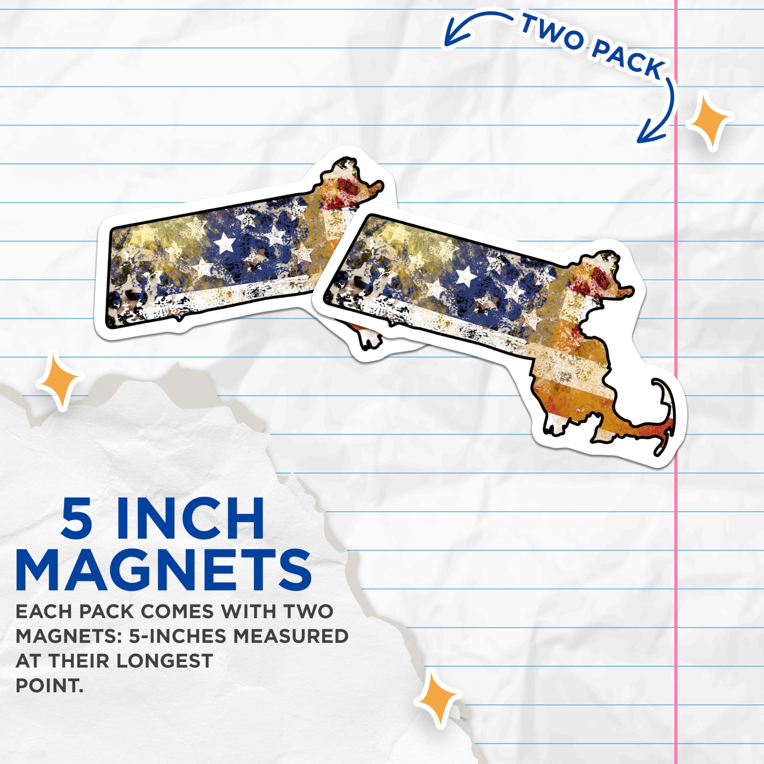 (2 Pack) Massachusetts State Magnets - American Flag Design - MA State Pride Decor - 5 Inches On Longest Side - Thick Durable Magnet - Made in USA - MAG19448
