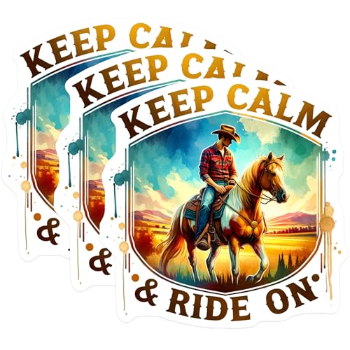 (3 Pack) Keep Calm and Ride On Decals - Cowboy Horse Decals - Laptop Decal- 3 Inches On Longest Side - Easy Peel & Apply - Made in USA - 3MCS5547
