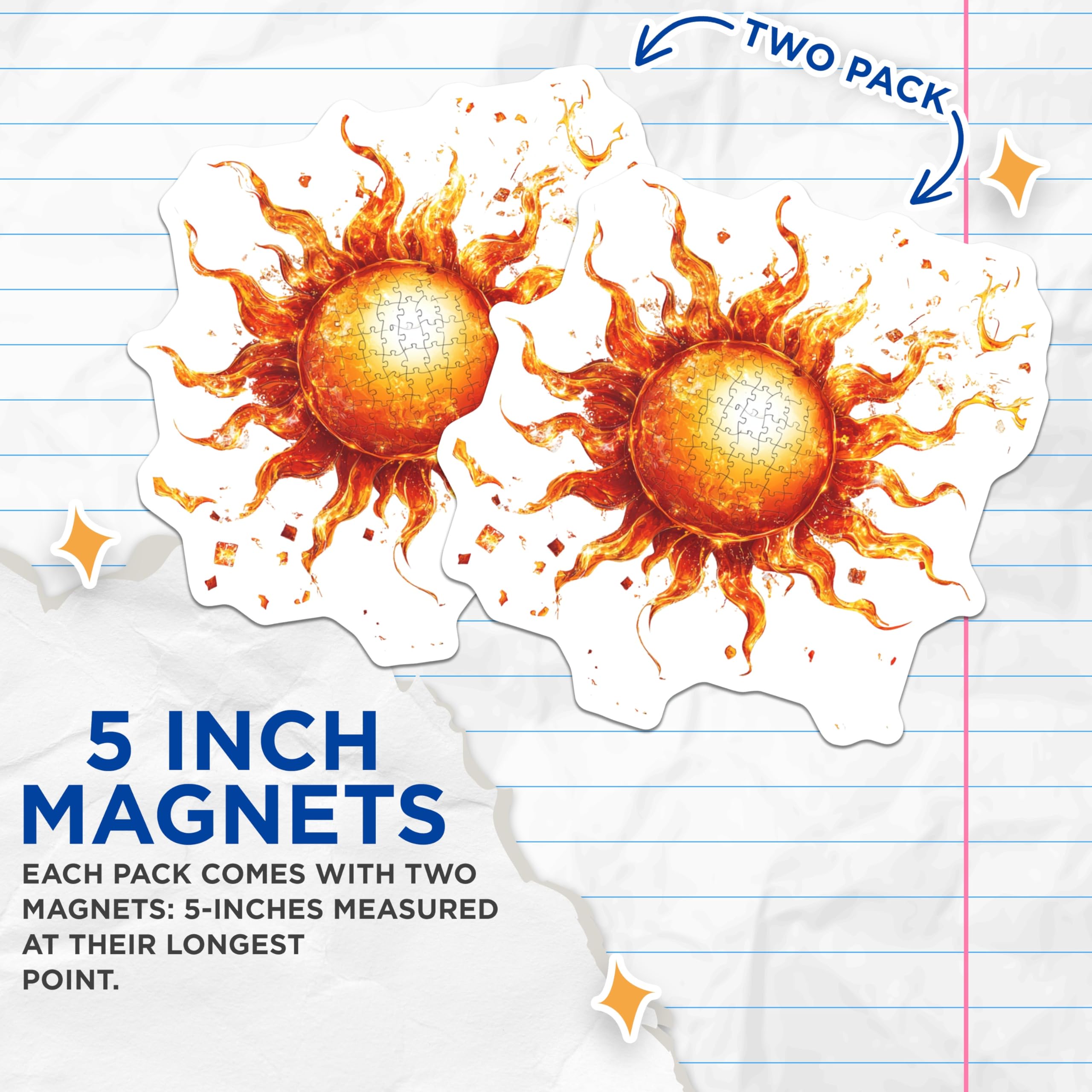 (2 Pack) Fiery Sun Puzzle Magnets - Celestial Art Decor - Refrigerator Display - 5 Inches On Longest Side - Thick Durable Magnet - Made in USA - MAG27470