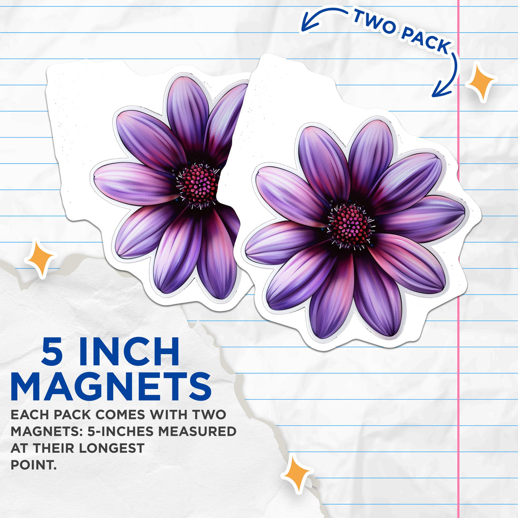 (2 Pack) Purple Daisy Magnets - Vibrant Botanical Refrigerator Decor - Aesthetic Home Office Locker Organizer Accessory - 5 Inches On Longest Side - Thick Durable Magnet - Made in USA - MAG38182