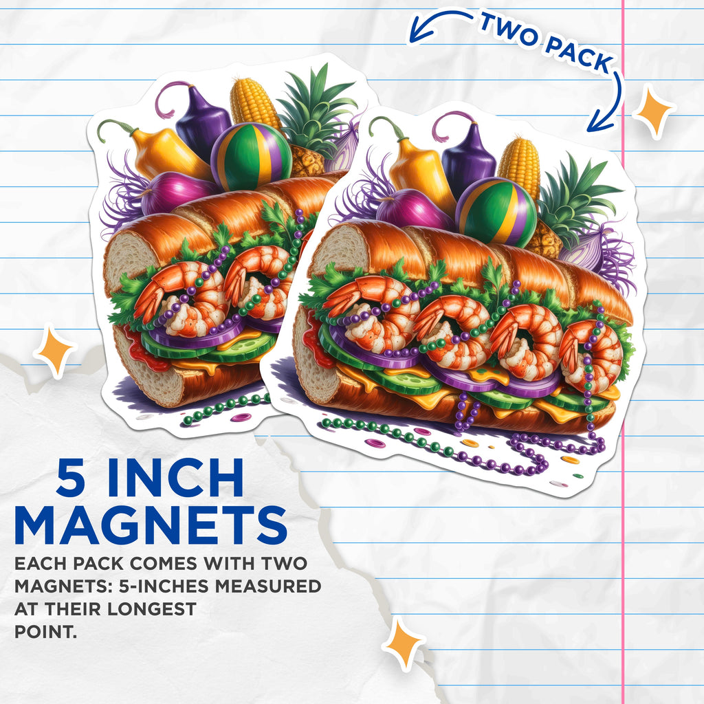 (2 Pack) Mardi Gras Po Boy Magnets - New Orleans Shrimp Sandwich - Louisiana Foodie Souvenir Fridge Decor - 5 Inches On Longest Side - Thick Durable Magnet - Made in USA - MAG38811
