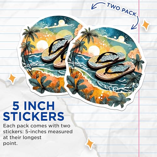 (2 Pack) Beach Flip Flops Stickers - Summer Vacation - Palm Trees and Ocean View - 5" On Longest Side - Sticks to Smooth Flat Surfaces - Made in USA - BMCS9319
