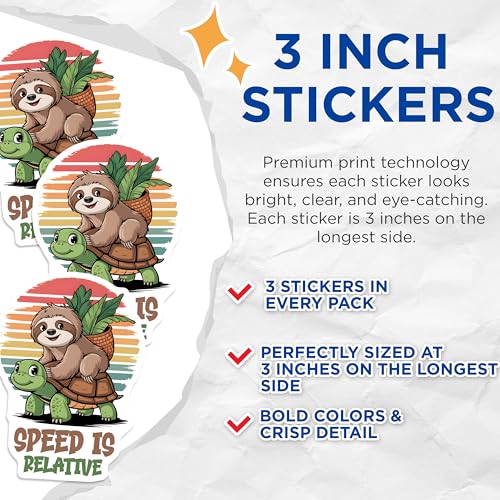 (3 Pack) Sloth Turtle Decals - Speed is Relative - Funny Animal Decal - 3 Inches On Longest Side - Easy Peel & Apply - Made in USA - 3MCS8485