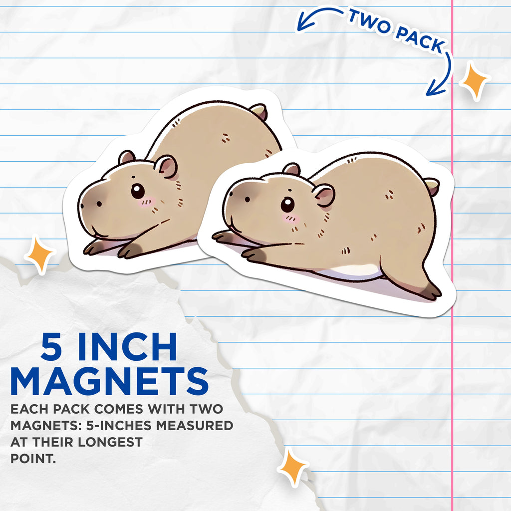 (2 Pack) Kawaii Capybara Magnets - Funny Animal Decor - Refrigerator Accessory for Kitchen Locker - 5 Inches On Longest Side - Thick Durable Magnet - Made in USA - MAG36900