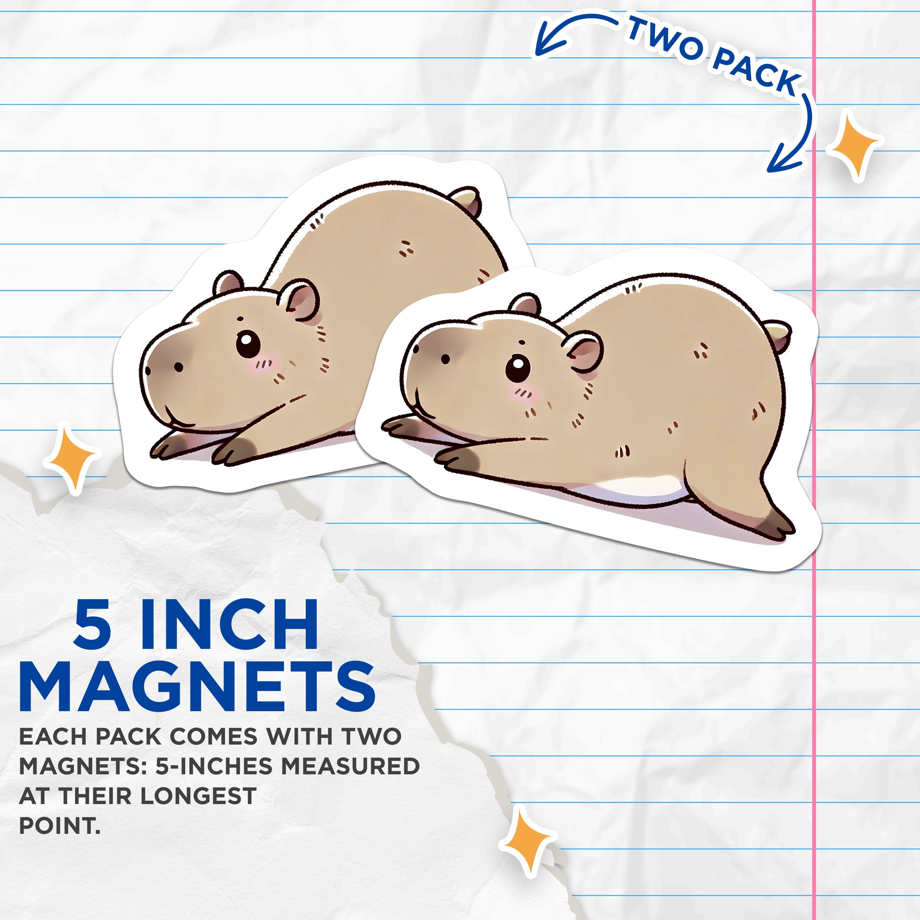(2 Pack) Kawaii Capybara Magnets - Funny Animal Decor - Refrigerator Accessory for Kitchen Locker - 5 Inches On Longest Side - Thick Durable Magnet - Made in USA - MAG36900