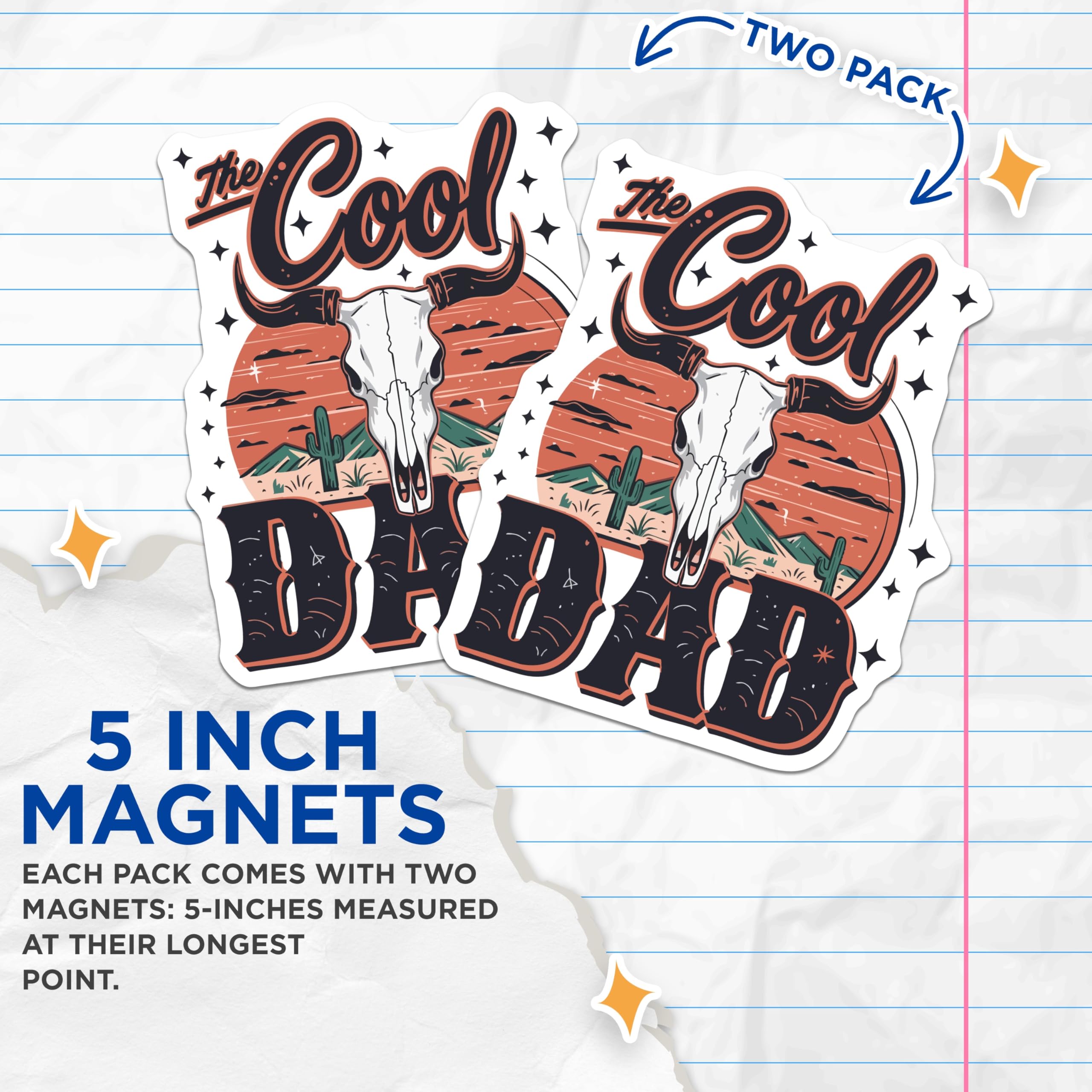 (2 Pack) Cool Dad Magnets - Western Bull Skull Artwork - Desert Landscape Refrigerator Decor - Father's Day Theme - 5 Inches On Longest Side - Thick Durable Magnet - Made in USA - MAG22541