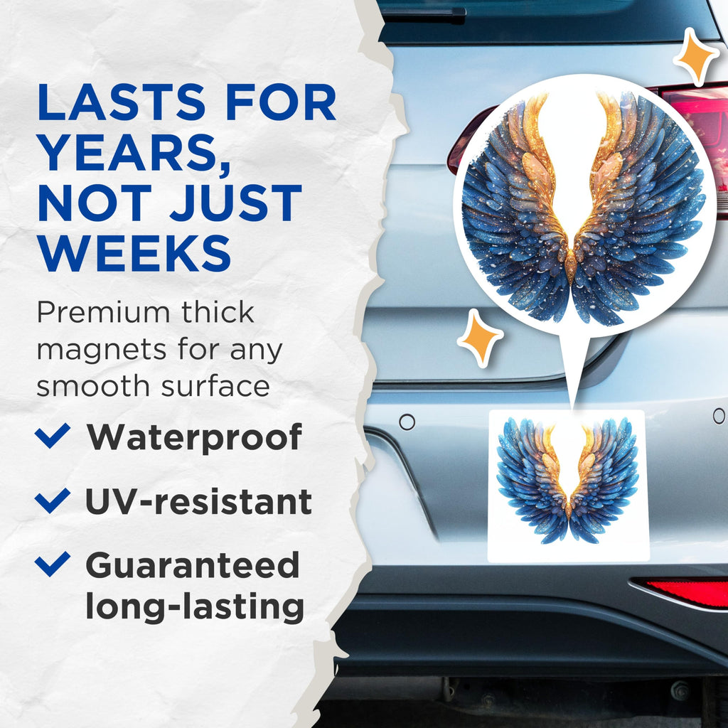 (2 Pack) Celestial Angel Wings Magnets - Blue Gold Fantasy Decor - Ethereal Art Refrigerator Magnets - 5 Inches On Longest Side - Thick Durable Magnet - Made in USA - MAG27209