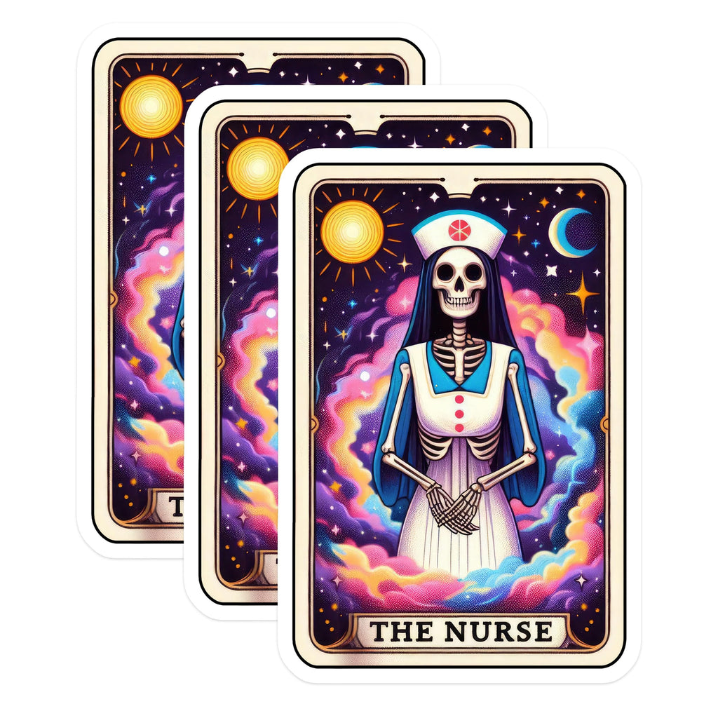 (3 Pack) Nurse Tarot Card Decals - Skeleton Nurse - Halloween Decals - 3 Inches On Longest Side - Easy Peel & Apply - Made in USA - 3MCS4237