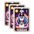 (3 Pack) Nurse Tarot Card Decals - Skeleton Nurse - Halloween Decals - 3 Inches On Longest Side - Easy Peel & Apply - Made in USA - 3MCS4237