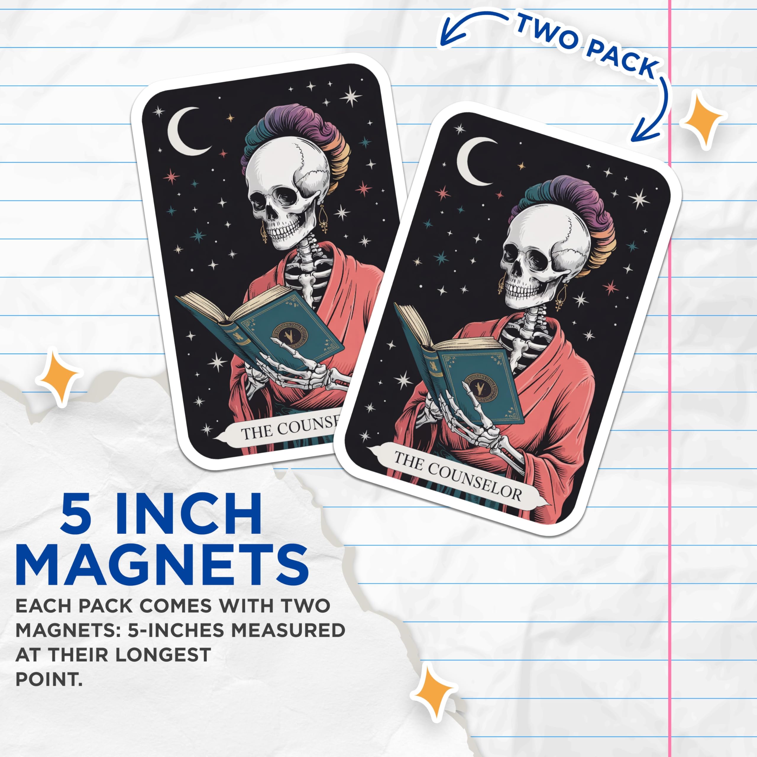 (2 Pack) Skeleton Counselor Magnets - Cosmic Reader Skull Art - Mystical Tarot Decor - Spiritual Wisdom Interpretation - 5 Inches On Longest Side - Thick Durable Magnet - Made in USA - MAG21564