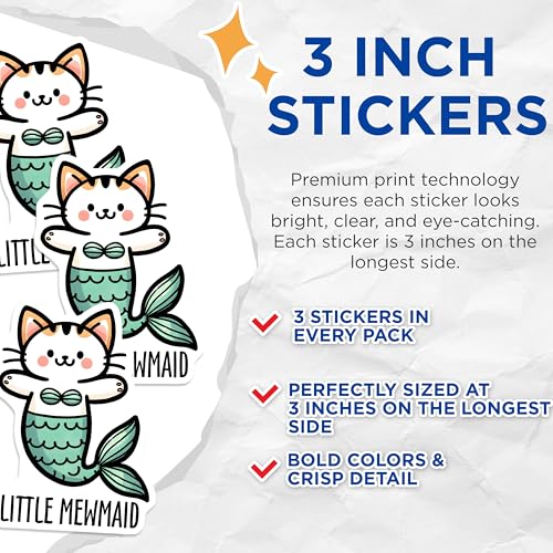 (3 Pack) Little Mewmaid Decals - Mermaid Cat - Funny Laptop Decals - 3 Inches On Longest Side - Easy Peel & Apply - Made in USA - 3MCS1911