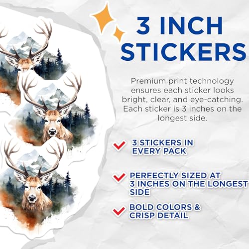 (3 Pack) Deer Decals - Watercolor Deer Art - Mountain Laptop Decals - 3 Inches On Longest Side - Easy Peel & Apply - Made in USA - 3MCS2577