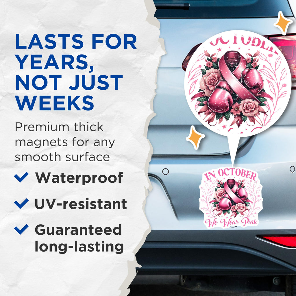 (2 Pack) Breast Cancer Awareness Magnets - Pink Ribbon Fight - October We Wear Pink Magnets - 5" On Longest Side - Premium Magnet - for Cars, Refrigerators, Toolboxes, Lockers - Made in USA - MAG17084