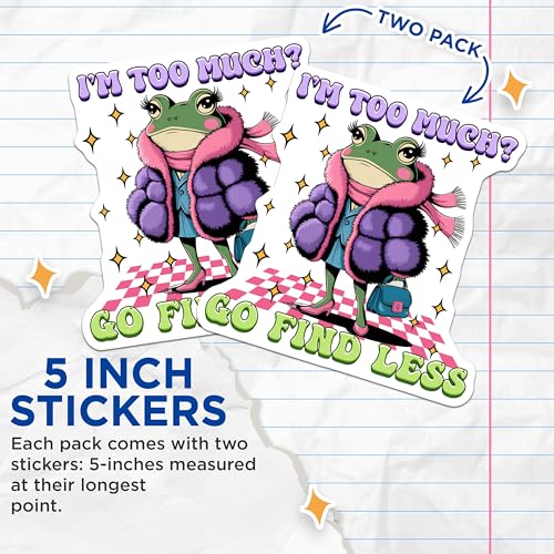 (2 Pack) Frog Meme Stickers - Funny Frog - Go Find Less - 5" On Longest Side - Sticks to Smooth Flat Surfaces - Made in USA - BMCS3768
