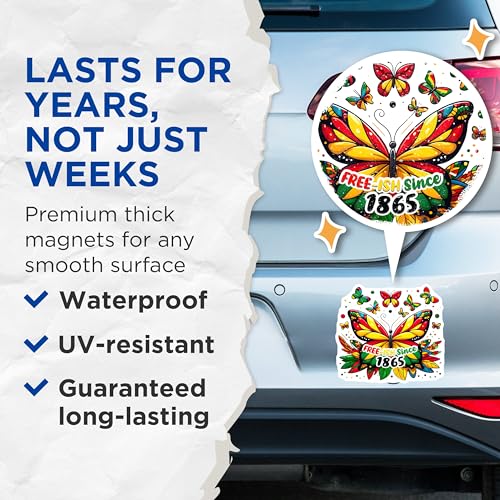 (2 Pack) Free-Ish Since 1865 Magnets - Colorful Butterfly Design - Juneteenth Celebration - 5" On Longest Side - for Cars, Fridges, Toolboxes - Made in USA - MAG735