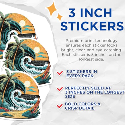 (3 Pack) Tropical Wave Decals - Beach Scene Stickers - Ocean Art Decals - 3 Inches On Longest Side - Easy Peel & Apply - Made in USA - 3MCS8015