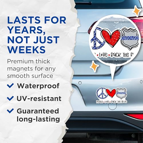 (2 Packs) Peace Love Back The Blue Magnets - Policeman Wife Support Magnets - 5 Inches On Longest Side - Premium Magnet - for Fridges, Toolboxes, Cars - Made in USA - MAG2357