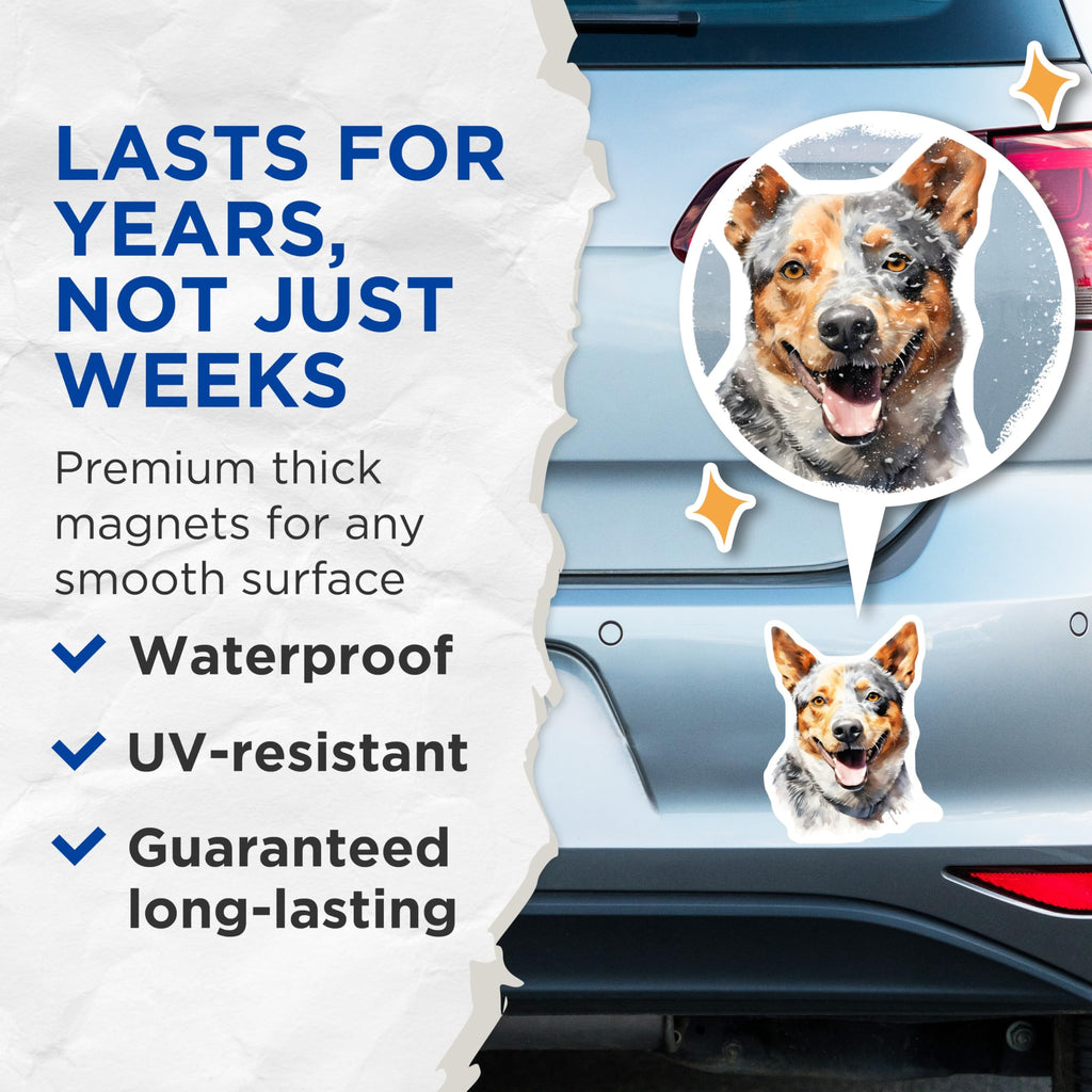 (2 Pack) Australian Cattle Dog Magnets - Smiling Blue Heeler Art - Dog Lover Fridge Decor - 5 Inches On Longest Side - Thick Durable Magnet - Made in USA - MAG23747