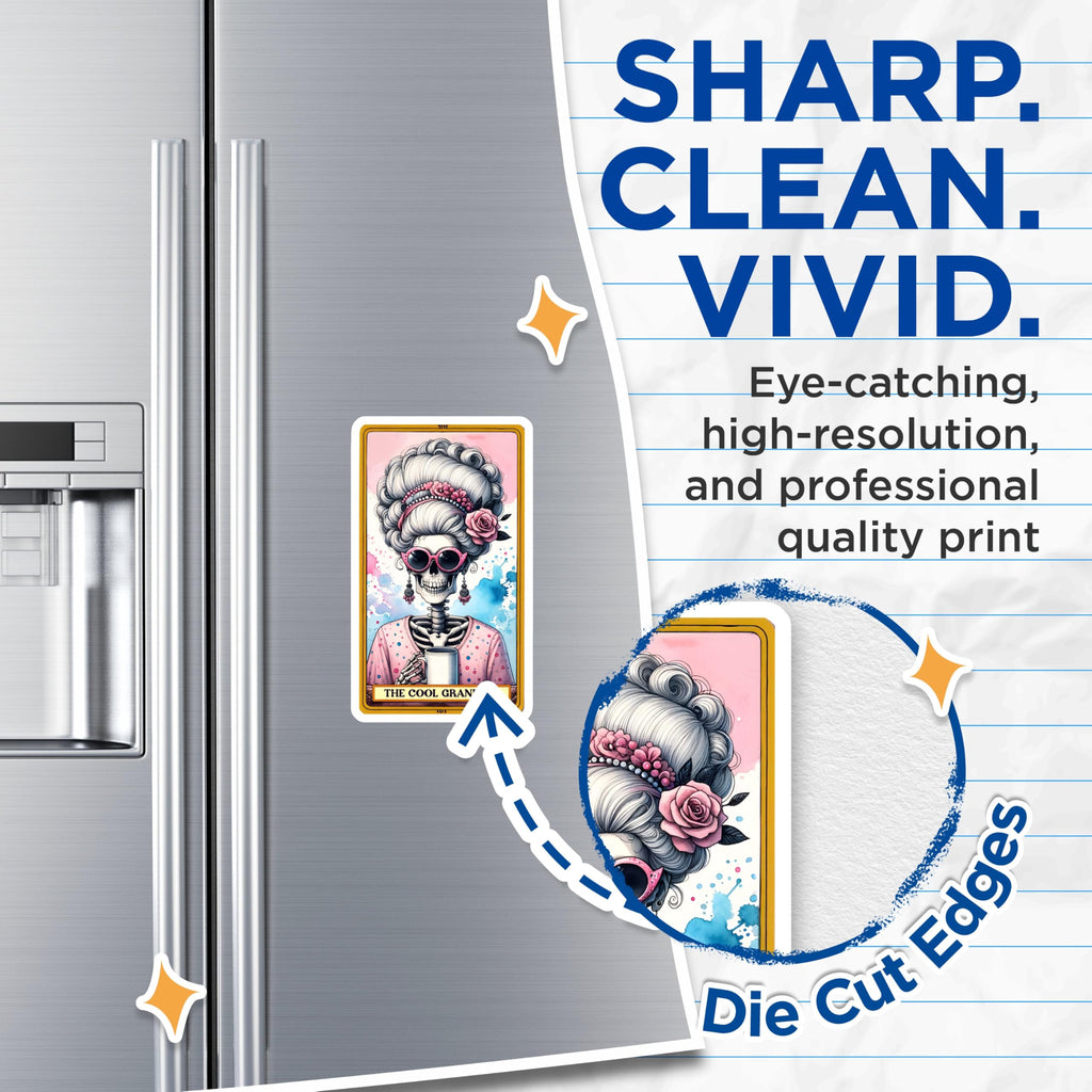 (2 Pack) Cool Grandma Skeleton Magnets - Funny Tarot Card Art - Refrigerator Locker Decor - 5 Inches On Longest Side - Thick Durable Magnet - Made in USA - MAG20981