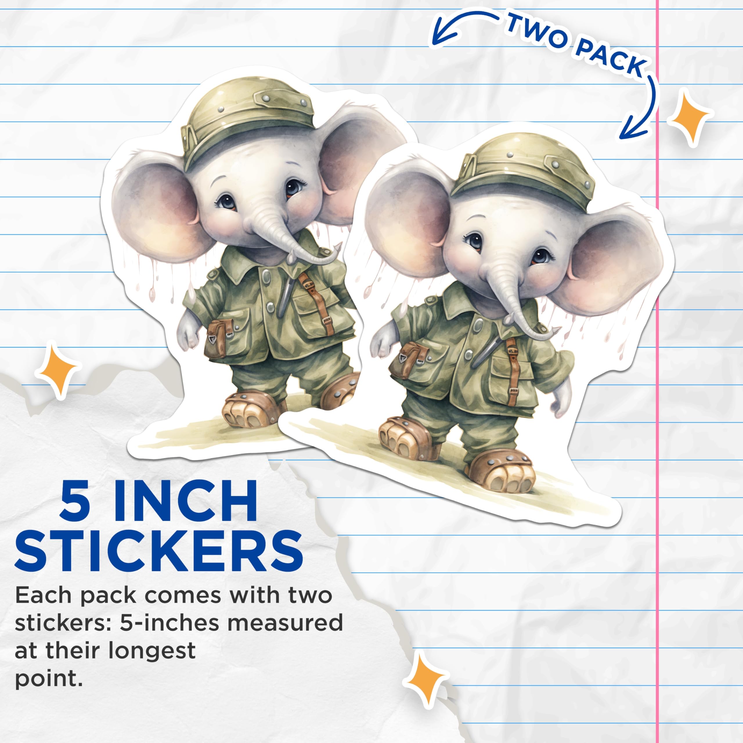 (2 Pack) Baby Elephant Stickers - Safari Animal Sticker - Cute Animal Stickers - 5" On Longest Side - Sticks to Smooth Flat Surfaces - Made in USA - BMCS17071