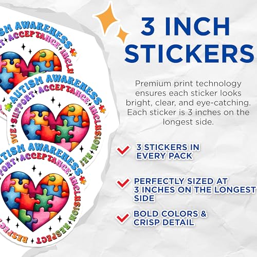 (3 Pack) Autism Awareness Decals - Acceptance Inclusion Stickers - Love Respect Decals - 3 Inches On Longest Side - Easy Peel & Apply - Made in USA - 3MCS1982