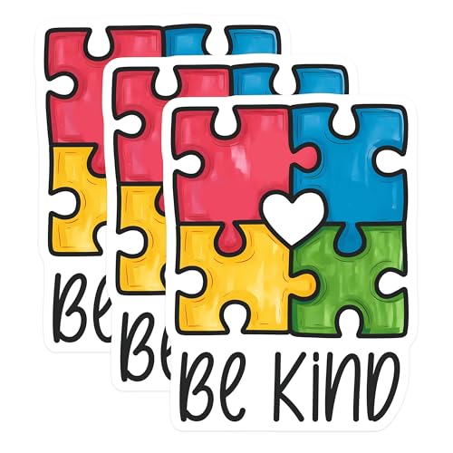 (3 Pack) Be Kind Puzzle Decals - Autism Awareness - Heart Puzzle Piece - 3 Inches On Longest Side - Easy Peel & Apply - Made in USA - 3MCS7192