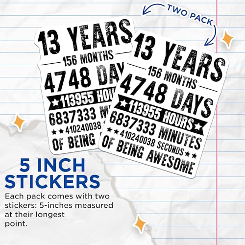 (2 Pack) 13 Years Anniversary Stickers - Funny Milestone - 4748 Days of Being Awesome - 5" On Longest Side - Sticks to Smooth Flat Surfaces - Made in USA - BMCS5867