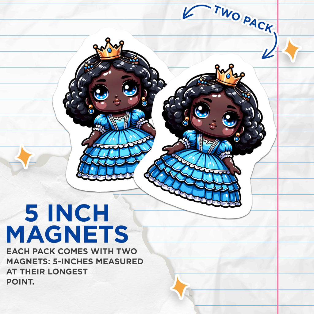 (2 Pack) Cute Black Princess Magnets - African American Royal Girl Decor - Chibi Crowned Queen Art - 5 Inches On Longest Side - Thick Durable Magnet - Made in USA - MAG21504