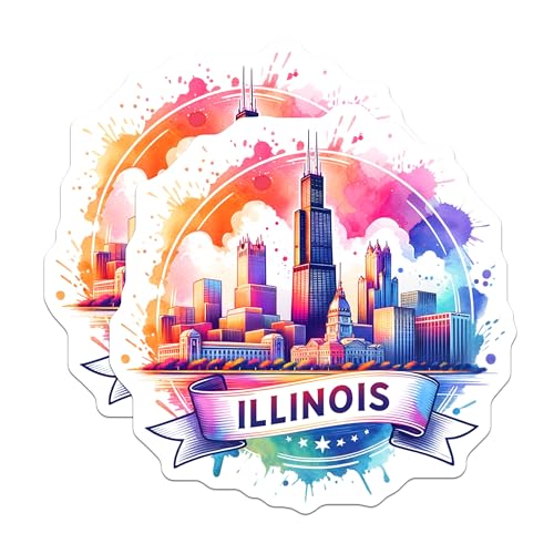 (2 Pack) Illinois Skyline Stickers - Watercolor Cityscape - Travel Souvenir - Vibrant Illustration - 5" On Longest Side - Sticks to Smooth Flat Surfaces - Made in USA - BMCS6936