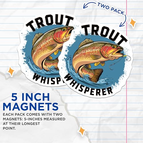 (2 Pack) Trout Whisperer Magnets - Fisherman's Fridge - Rainbow Trout Fishing Enthusiast Gift - Outdoor Fishing Magnet - 5" On Longest Side - for Cars, Fridges, Toolboxes - Made in USA - MAG4525
