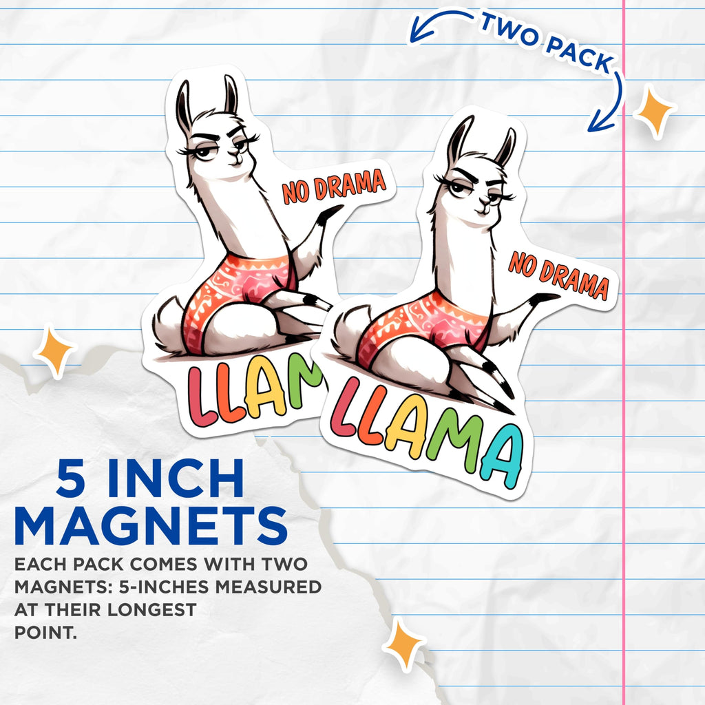 (2 Pack) Llama Magnets - Funny Animal Decor - No Drama Alpaca Fridge Magnets - 5" On Longest Side - Premium Magnet - for Cars, Refrigerators, Toolboxes, Lockers - Made in USA - MAG16611