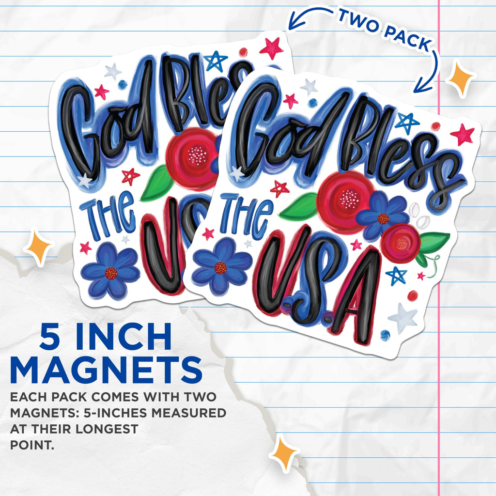 (2 Pack) God Bless The USA Message Magnets - Patriotic American Floral Decor - National Holiday Refrigerator Display - 5 Inches On Longest Side - Thick Durable Magnet - Made in USA - MAG23456