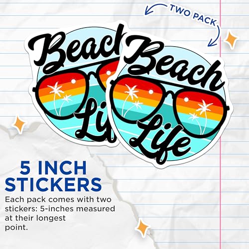 (2 Pack) Beach Life Stickers - Palm Tree Stickers - Summer Vibes Stickers - 5" On Longest Side - Sticks to Smooth Flat Surfaces - Made in USA - BMCS3869