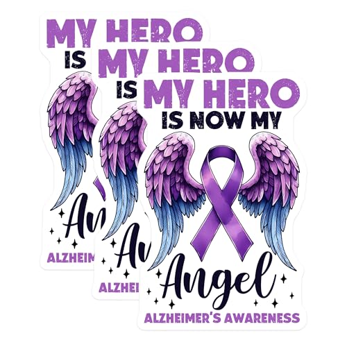 (3 Pack) Alzheimers Awareness Decals - My Hero Angel - Purple Ribbon Stickers - 3 Inches On Longest Side - Easy Peel & Apply - Made in USA - 3MCS8549