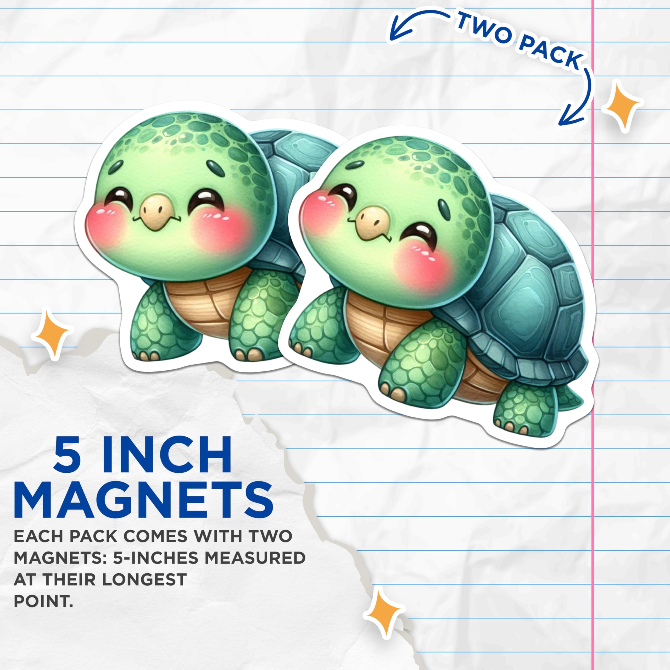 (2 Pack) Cute Cartoon Turtle Magnets - Adorable Ocean Creature Art - Animal Fridge Decor - 5 Inches On Longest Side - Thick Durable Magnet - Made in USA - MAG20444