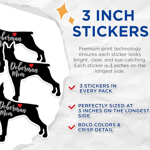 (3 Pack) Doberman Mom Decals - Dog Breed Decal - Canine Laptop Decal - 3 Inches On Longest Side - Easy Peel & Apply - Made in USA - 3MCS1335