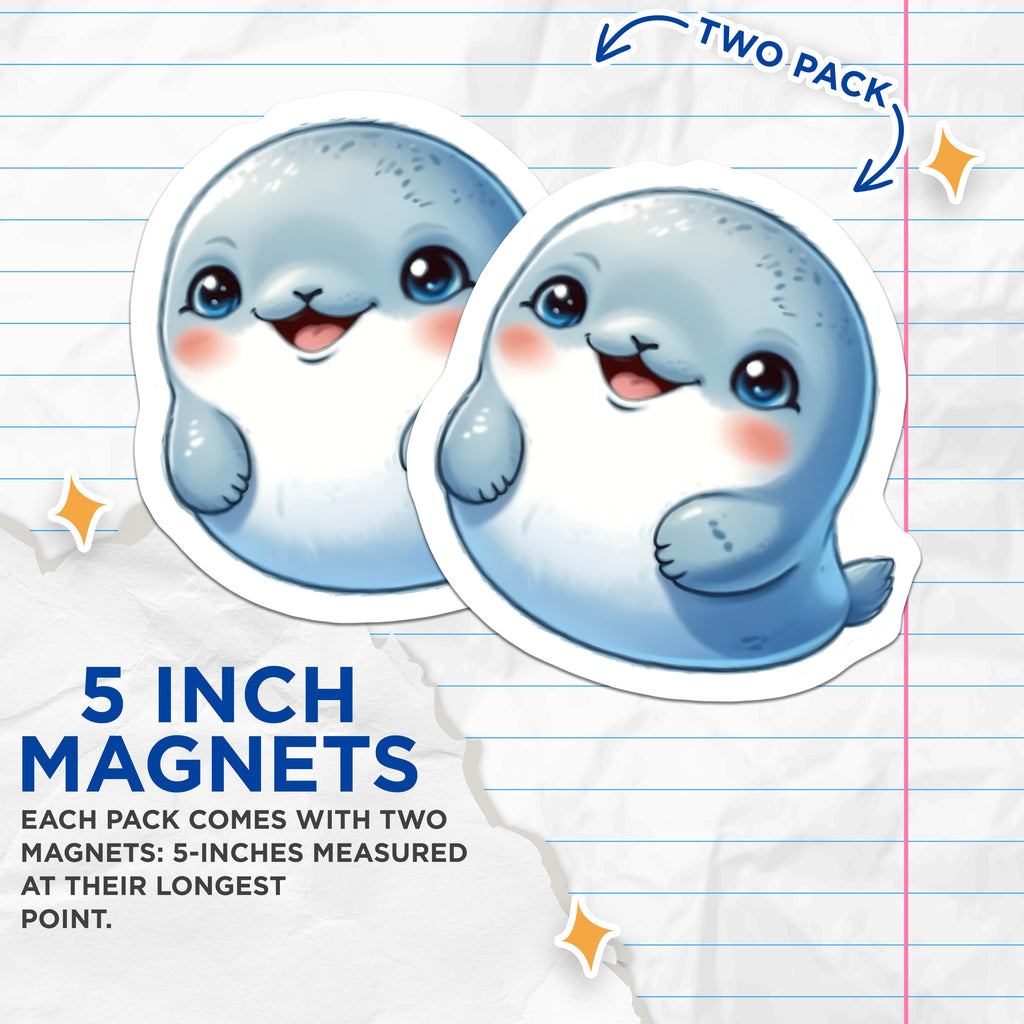 (2 Pack) Cute Baby Seal Magnets - Kawaii Animal Fridge Magnets - Sea Life Locker Decor for Kids - 5 Inches On Longest Side - Thick Durable Magnet - Made in USA - MAG36198