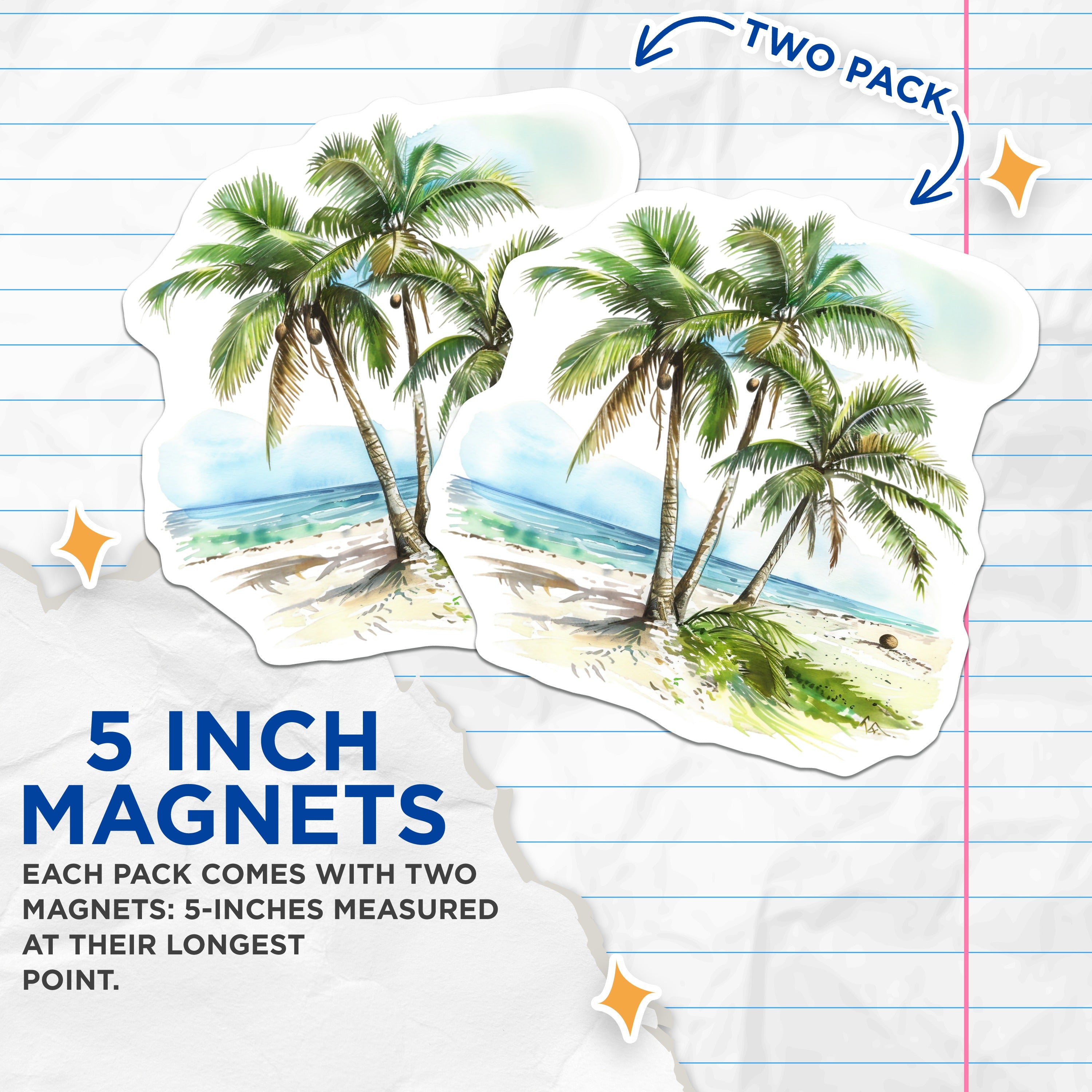 (2 Pack) Tropical Palm Tree Magnets - Beach Scene Refrigerator - Coastal Decor Summer Vacation Memento - 5 Inches On Longest Side - Thick Durable Magnet - Made in USA - MAG36239