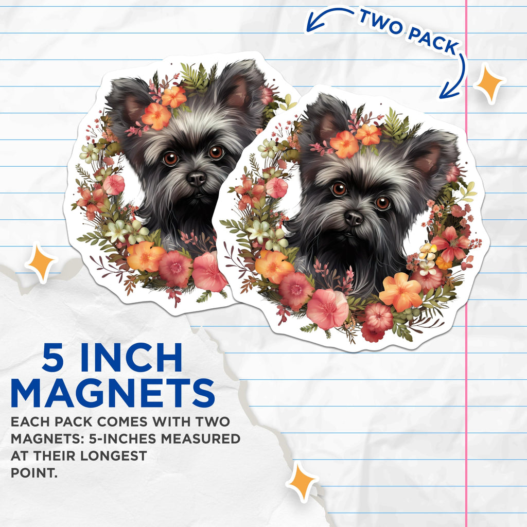 (2 Pack) Yorkshire Terrier Magnets - Whimsical Floral Wreath Dog Lover Decor - Adorable Puppy Refrigerator Art - 5 Inches On Longest Side - Thick Durable Magnet - Made in USA - MAG24370