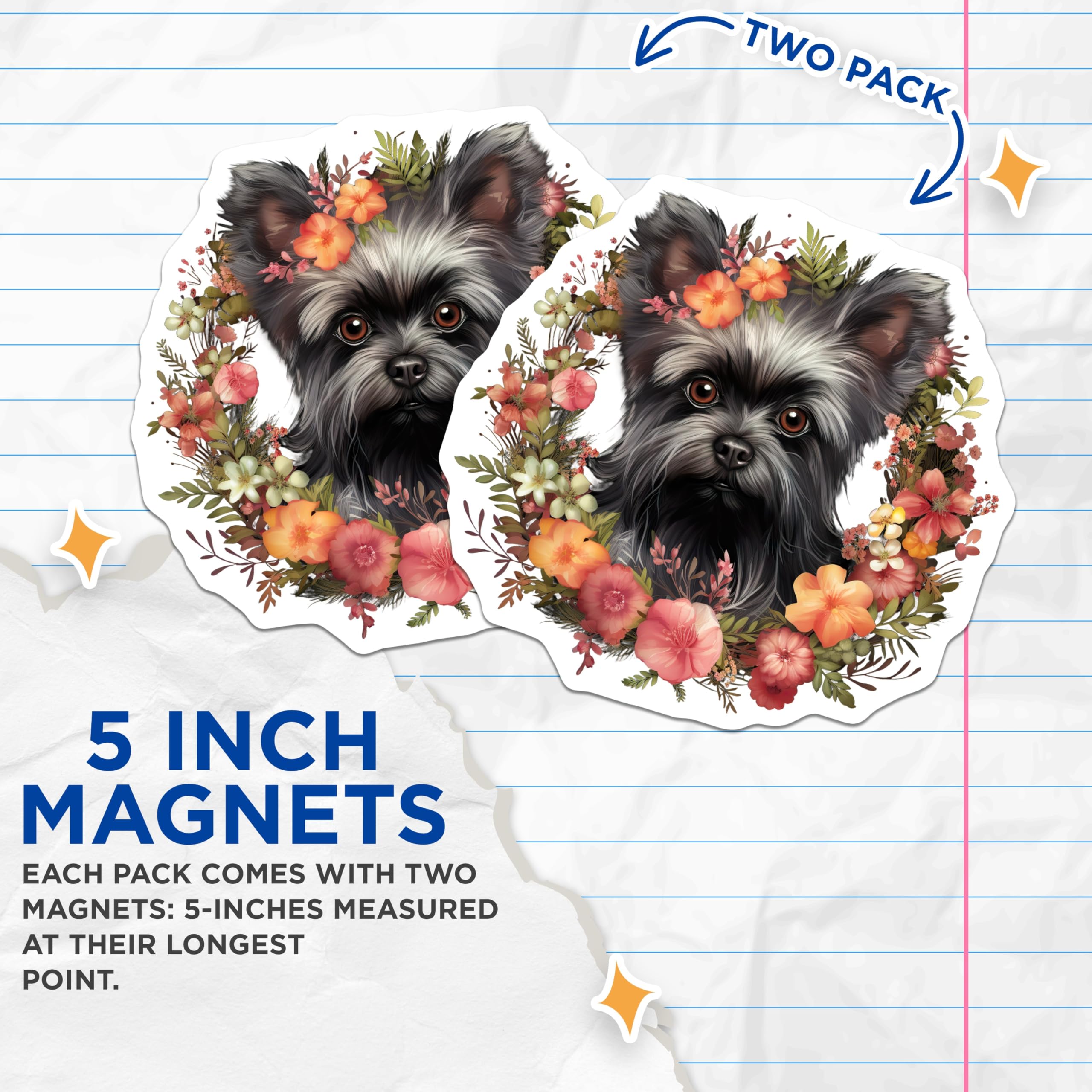 (2 Pack) Yorkshire Terrier Magnets - Whimsical Floral Wreath Dog Lover Decor - Adorable Puppy Refrigerator Art - 5 Inches On Longest Side - Thick Durable Magnet - Made in USA - MAG24370