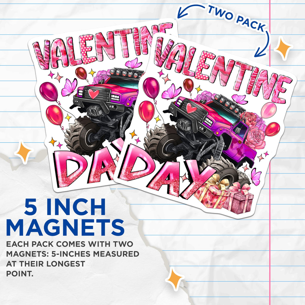 (2 Pack) Valentine Monster Truck Magnets - Pink Vehicle Decor - Kids February Classroom Favors - 5 Inches On Longest Side - Thick Durable Magnet - Made in USA - MAG30889