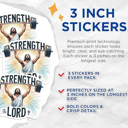 (3 Pack) Strength in Lord Decals - Christian Gym - Jesus Weightlifting Decor - 3 Inches On Longest Side - Easy Peel & Apply - Made in USA - 3MCS8414