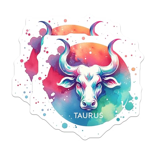 (2 Pack) Zodiac Taurus Stickers - Colorful Bull Design - Horoscope Vinyl Decal - 5" On Longest Side - Sticks to Smooth Flat Surfaces - Made in USA - BMCS6555
